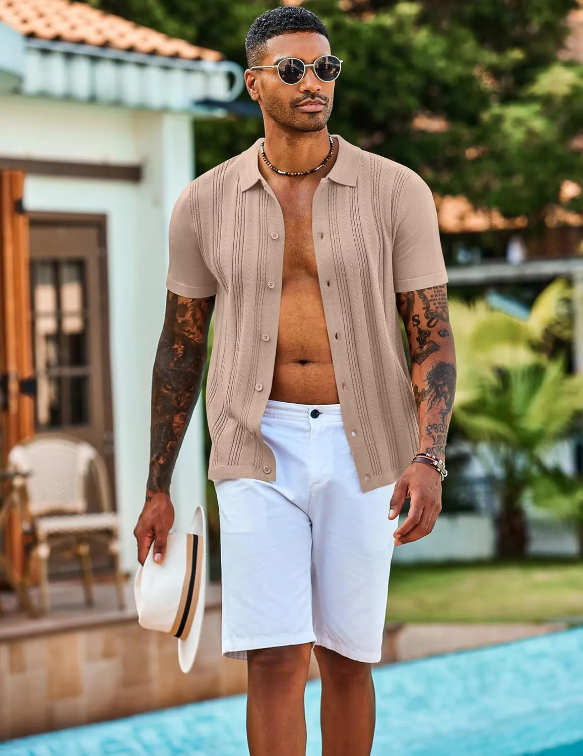 COOFANDY Men's Knit Shirts Short Sleeve Casual Button Down Polo Shirt Summer Beach Vacation Shirts