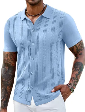COOFANDY Men's Knit Shirts Short Sleeve Casual Button Down Polo Shirt Summer Beach Vacation Shirts