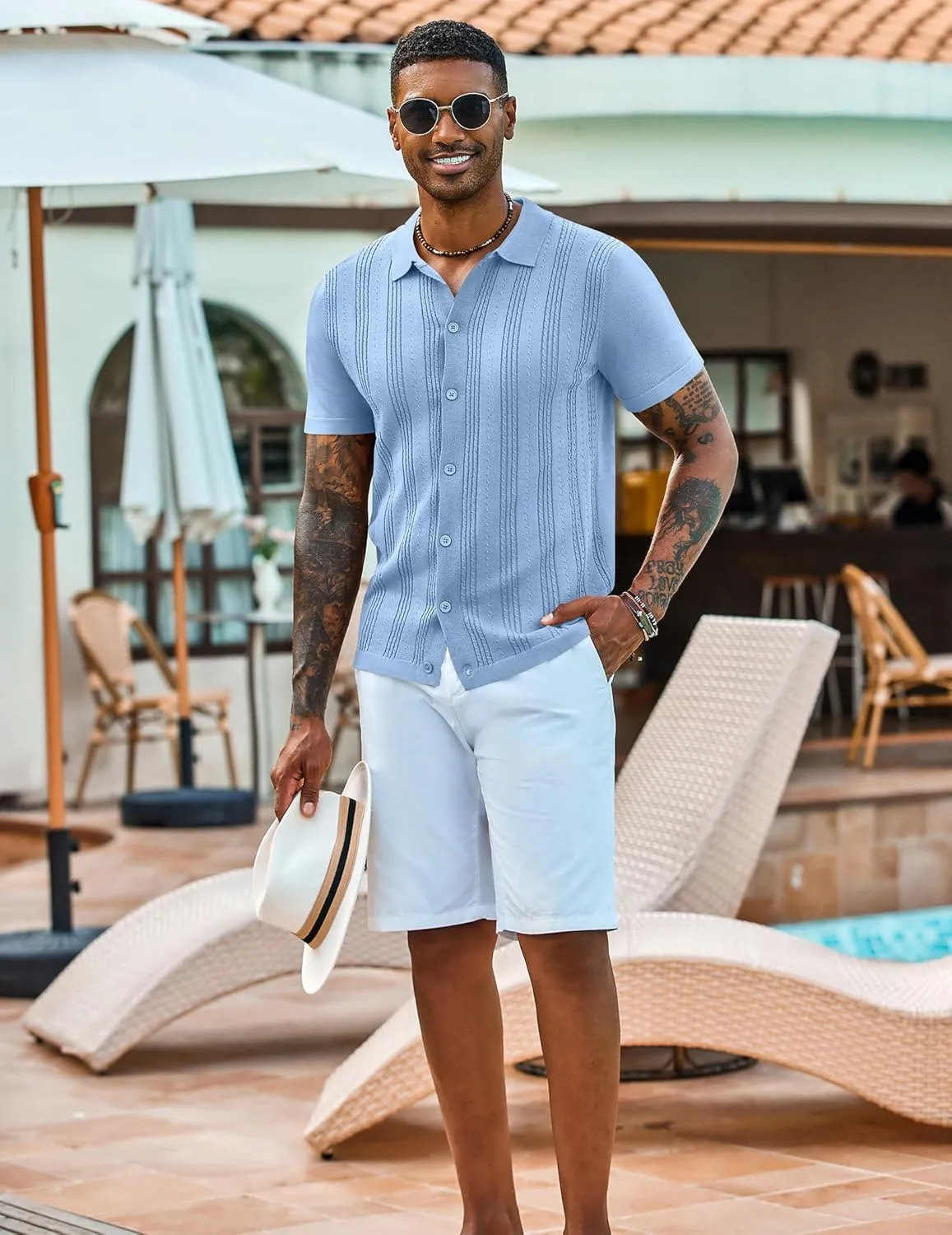 COOFANDY Men's Knit Shirts Short Sleeve Casual Button Down Polo Shirt Summer Beach Vacation Shirts