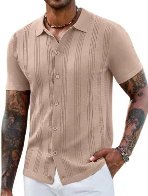 COOFANDY Men's Knit Shirts Short Sleeve Casual Button Down Polo Shirt Summer Beach Vacation Shirts