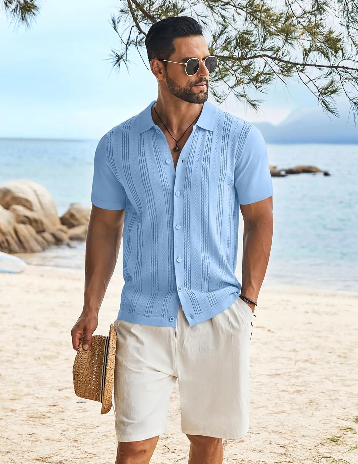 COOFANDY Men's Knit Shirts Short Sleeve Casual Button Down Polo Shirt Summer Beach Vacation Shirts