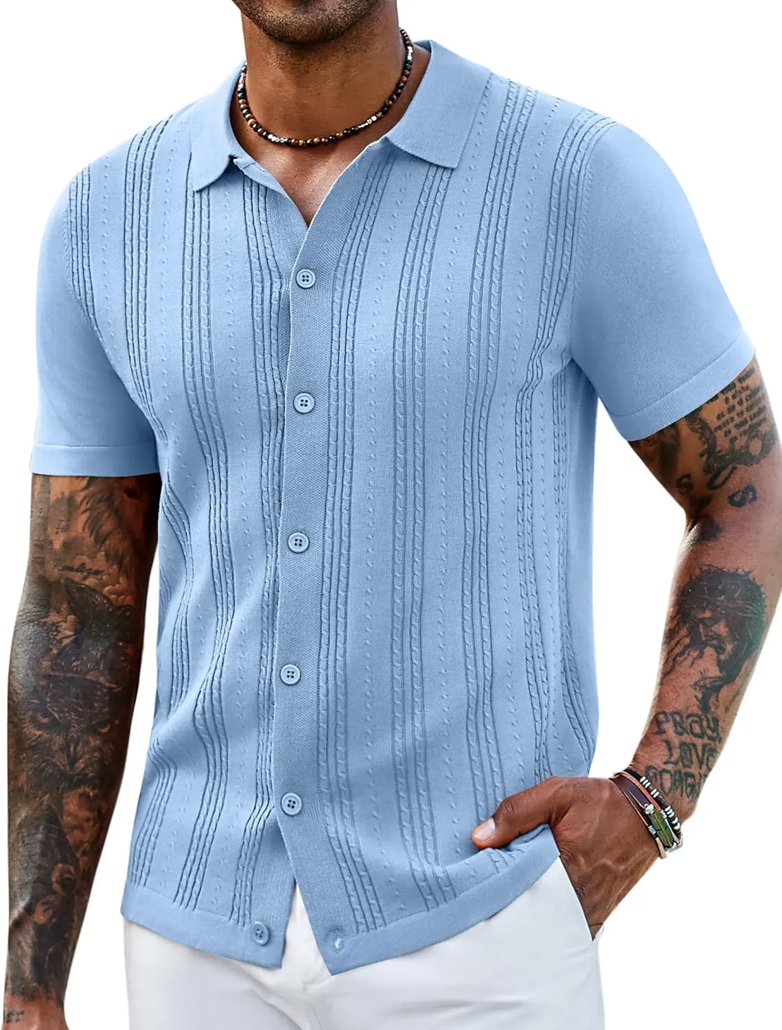 COOFANDY Men's Knit Shirts Short Sleeve Casual Button Down Polo Shirt Summer Beach Vacation Shirts