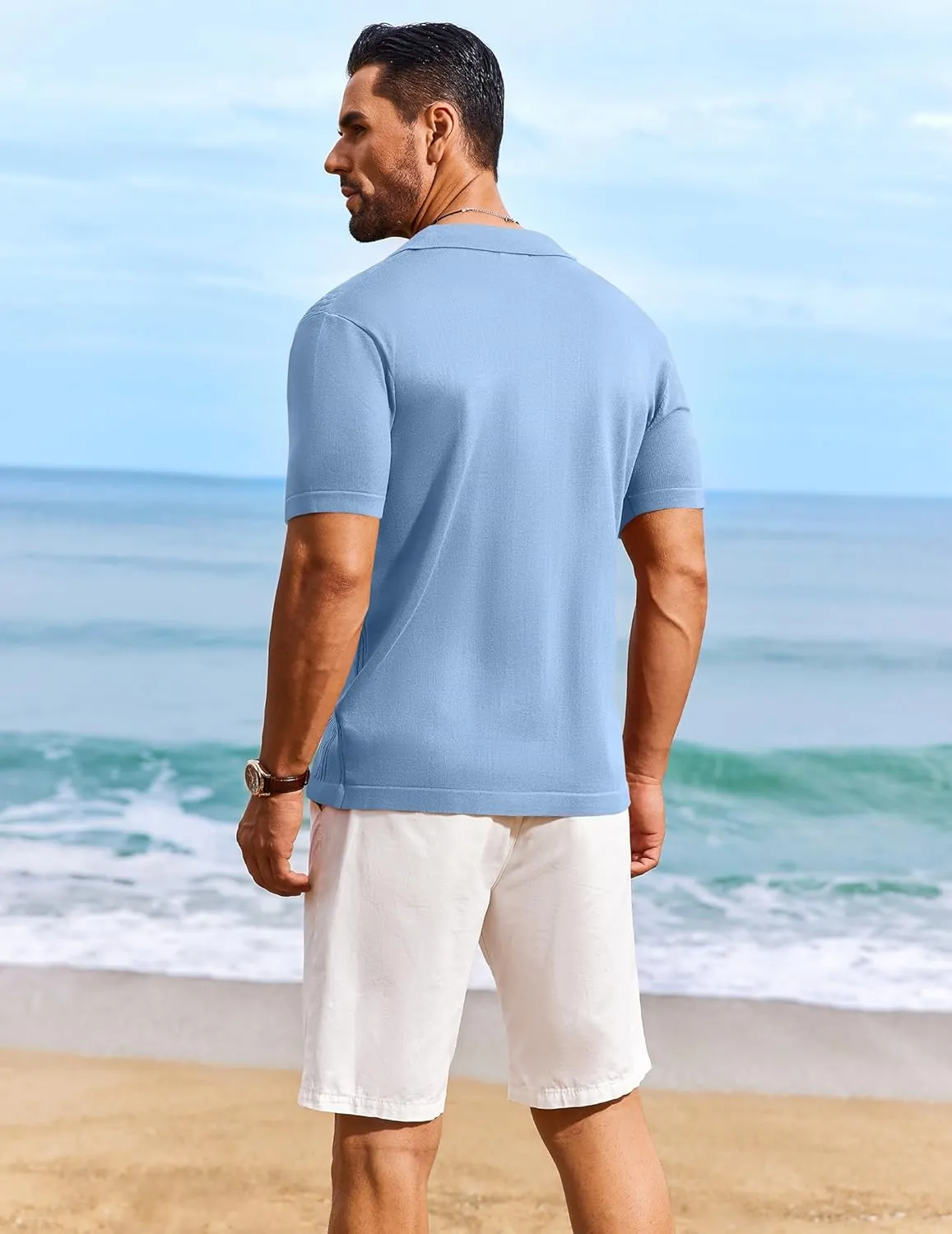 COOFANDY Men's Knit Shirts Short Sleeve Casual Button Down Polo Shirt Summer Beach Vacation Shirts