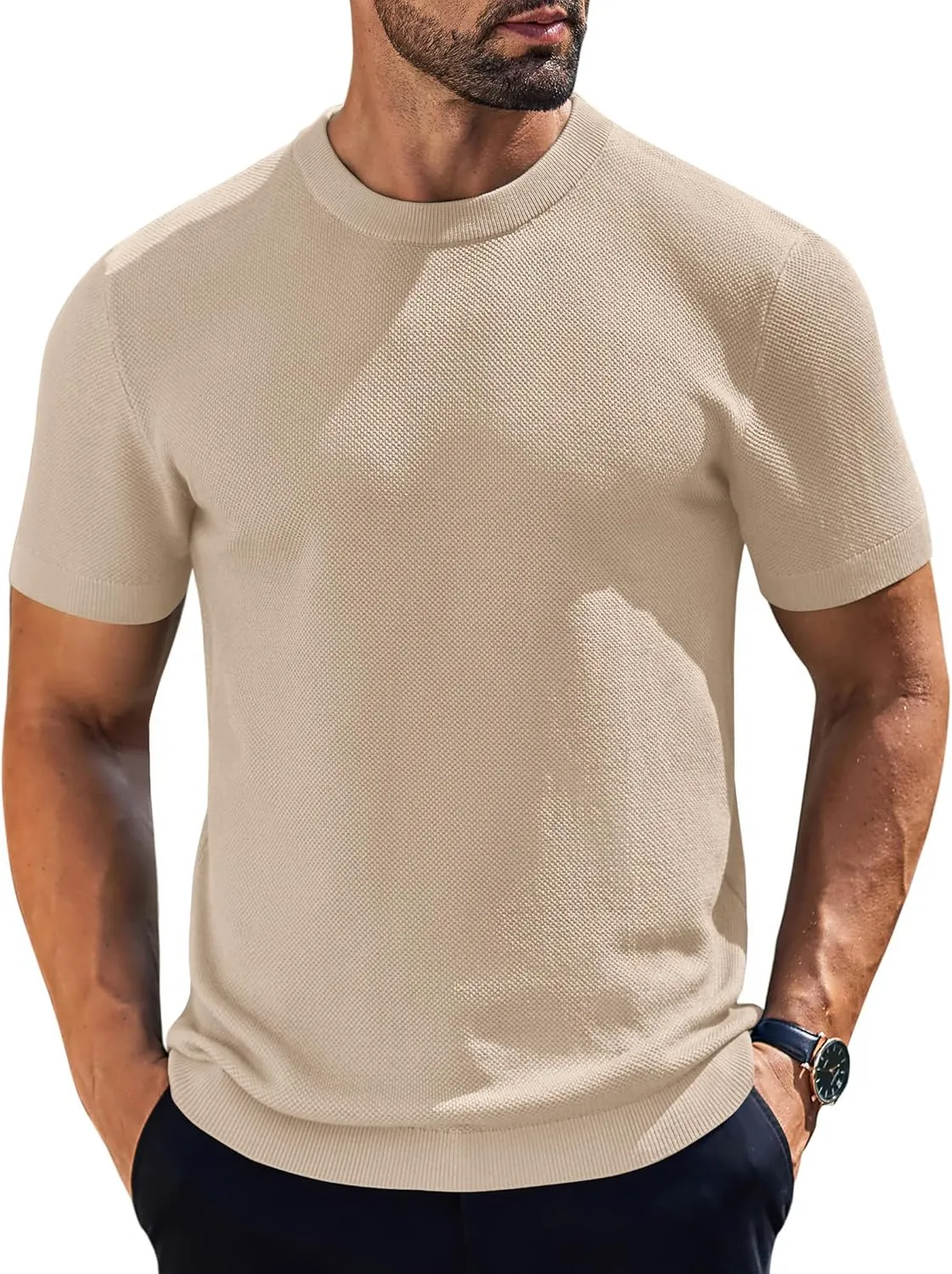 COOFANDY Men's Knit T-Shirts Short Sleeve Crewneck Shirt Casual Textured Pullover Tees