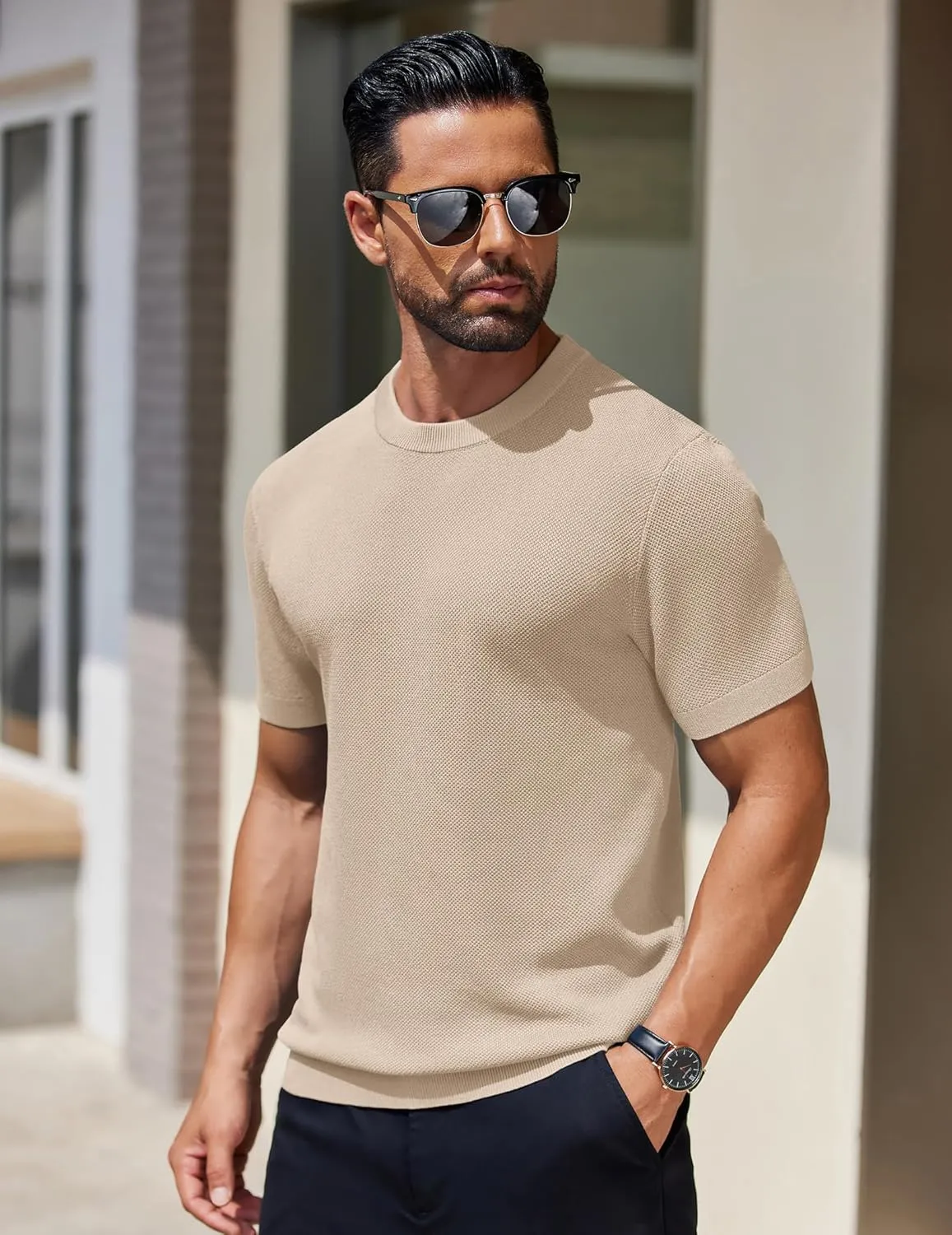 COOFANDY Men's Knit T-Shirts Short Sleeve Crewneck Shirt Casual Textured Pullover Tees