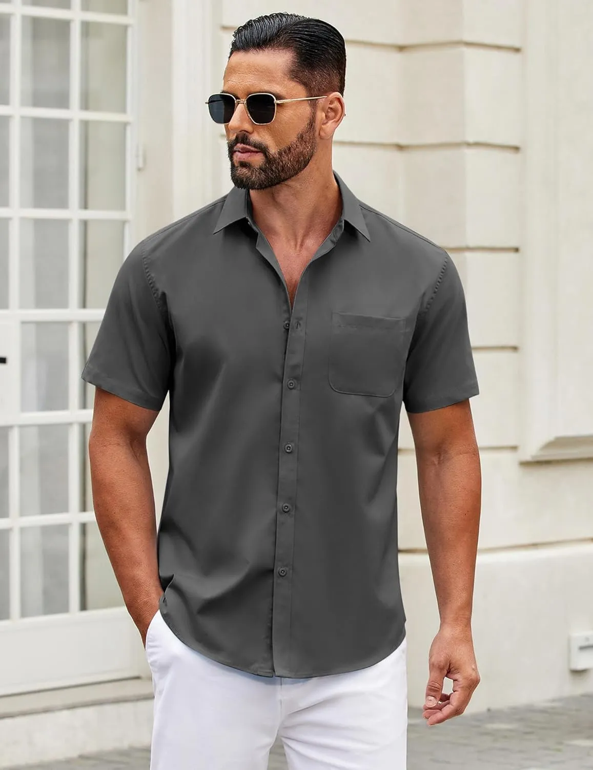 COOFANDY Mens Short Sleeve Casual Button Down Shirts Summer Untucked Dress Shirts with Pocket