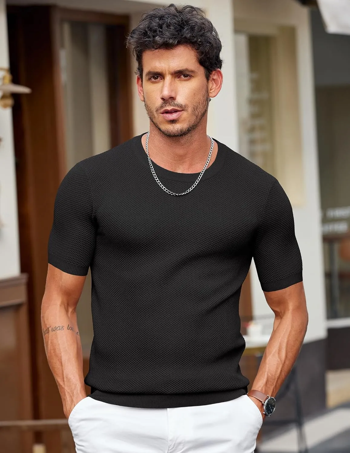 COOFANDY Men's T- Shirts Casual Short Sleeve Crewneck Shirts Solid Textured Knit Pullover Tees