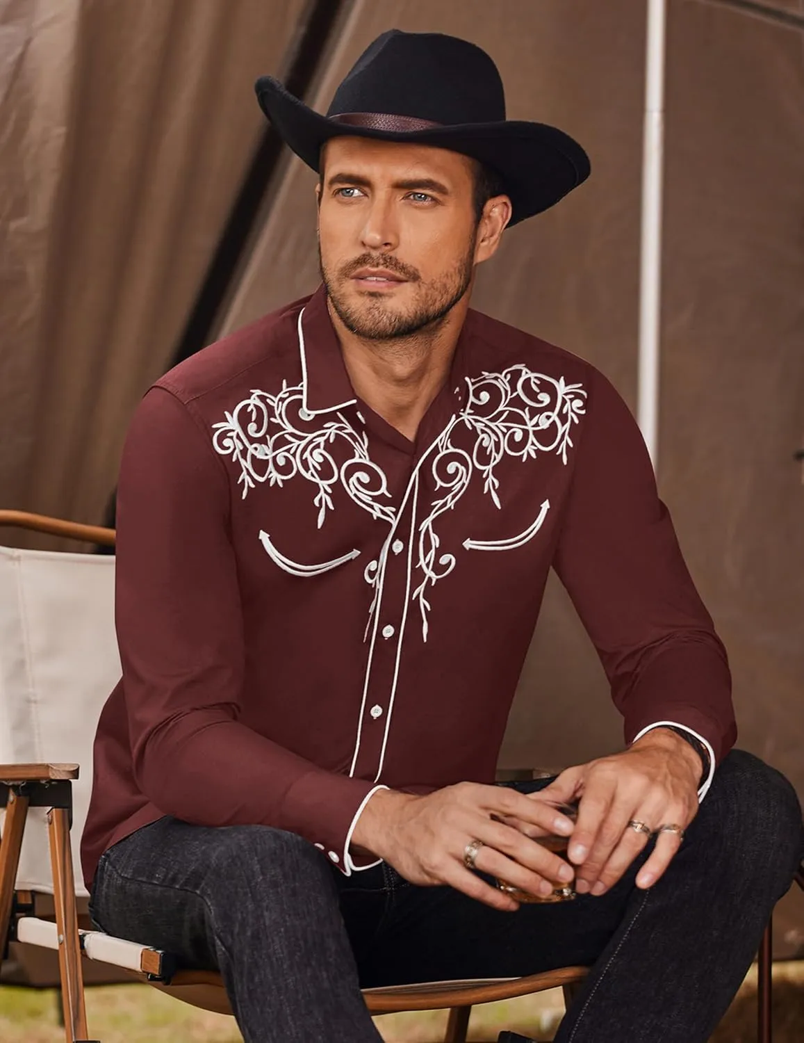 COOFANDY Men's Western Cowboy Shirts Long Sleeve Embroidered Shirt Slim Fit Casual Button Down Shirts