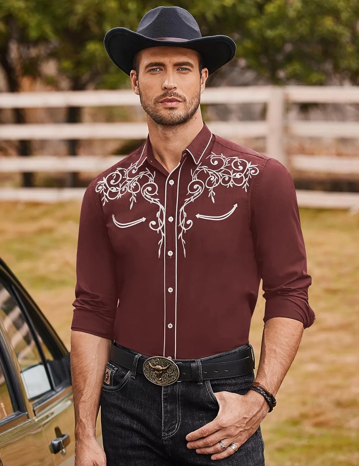 COOFANDY Men's Western Cowboy Shirts Long Sleeve Embroidered Shirt Slim Fit Casual Button Down Shirts