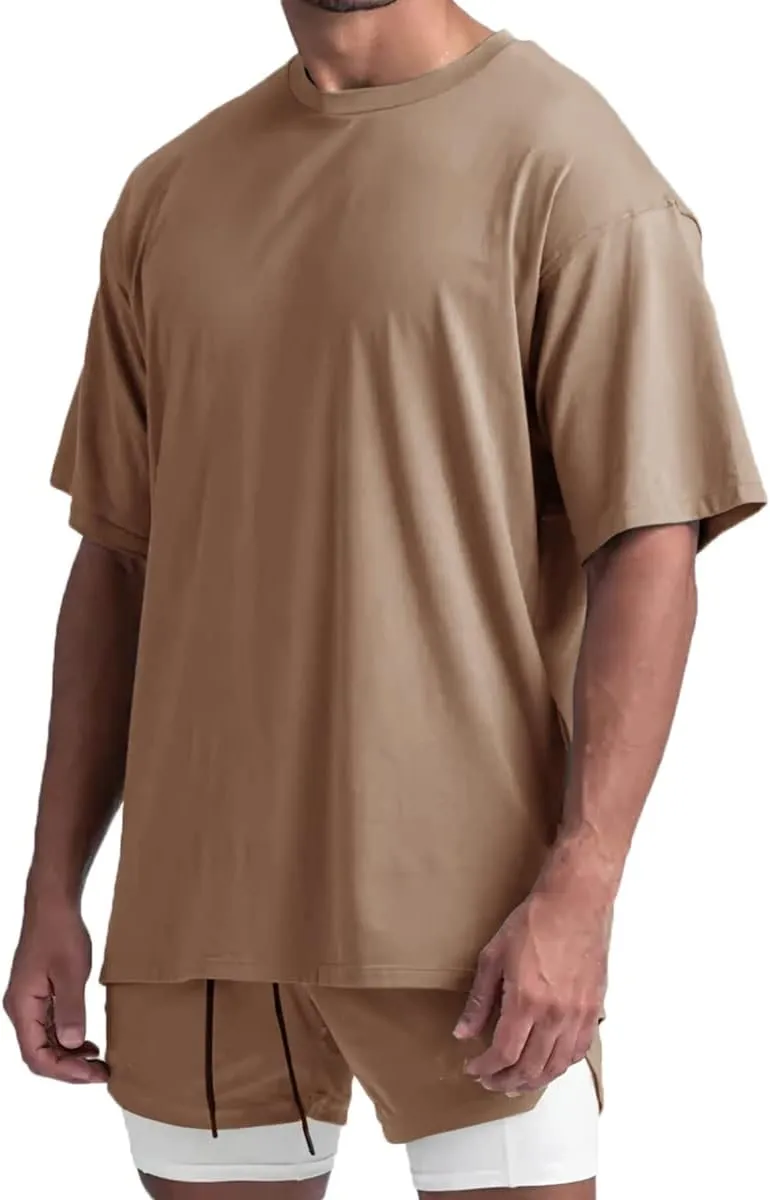 Cotton Gym Shirts Oversized Athletic Loose Workout t Shirts Short Sleeve for Men T68N