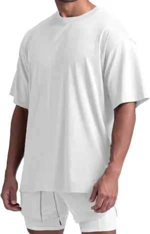 Cotton Gym Shirts Oversized Athletic Loose Workout t Shirts Short Sleeve for Men T68N