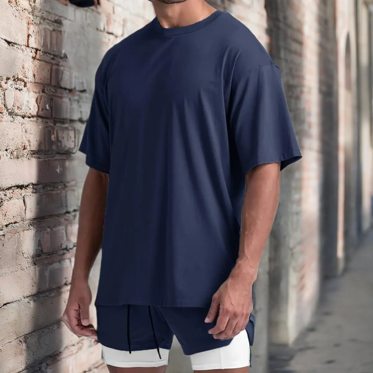 Cotton Gym Shirts Oversized Athletic Loose Workout t Shirts Short Sleeve for Men T68N
