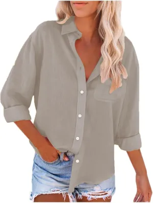 Cotton Linen Shirts for Women Loose Lapel Collar Single Breasted Roll Up Sleeve Work Tunic Solid Color Business Blouse