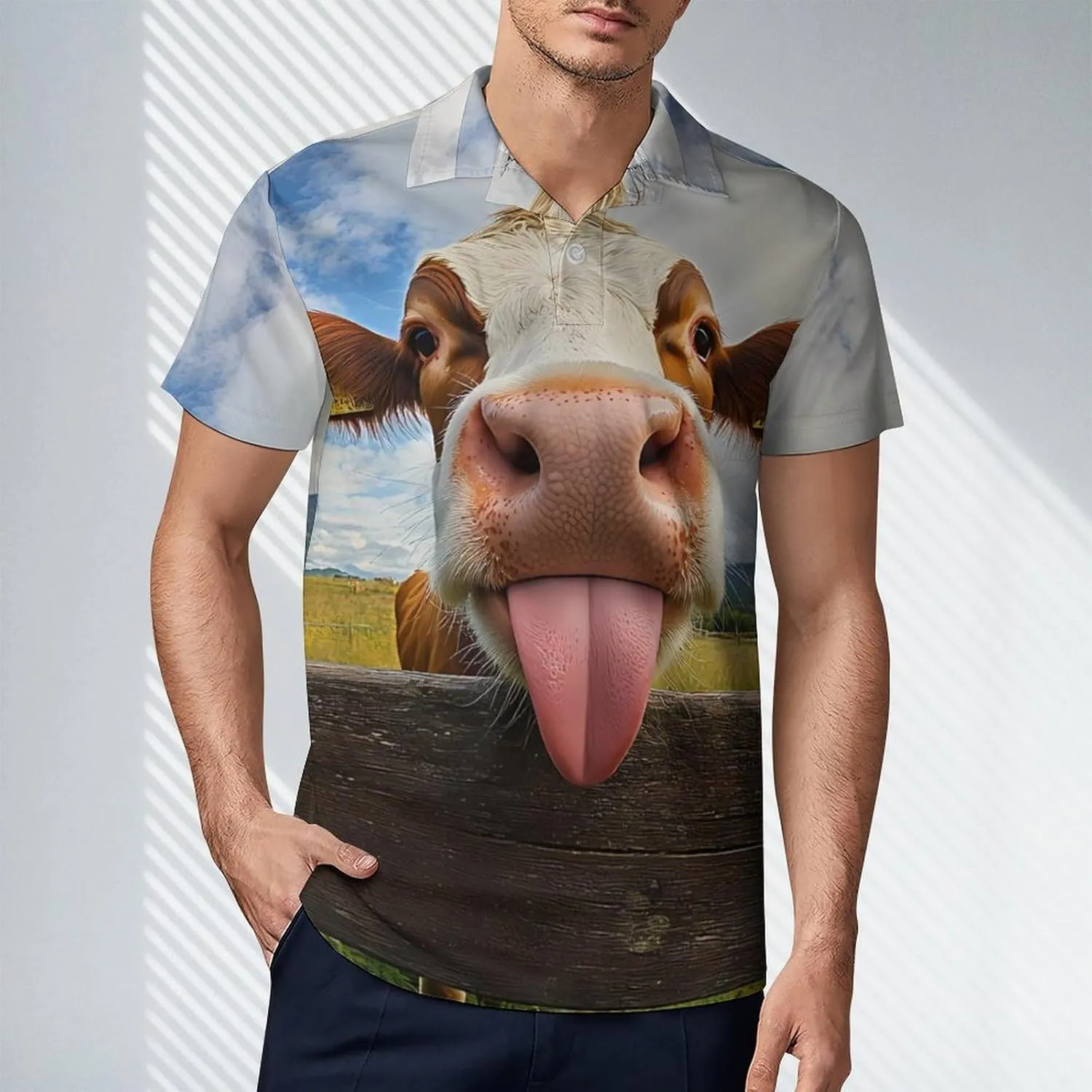 Cow Funny Tongue Men's Polo Shirt Short Sleeve Golf T Shirt Moisture Wicking Workout Tees