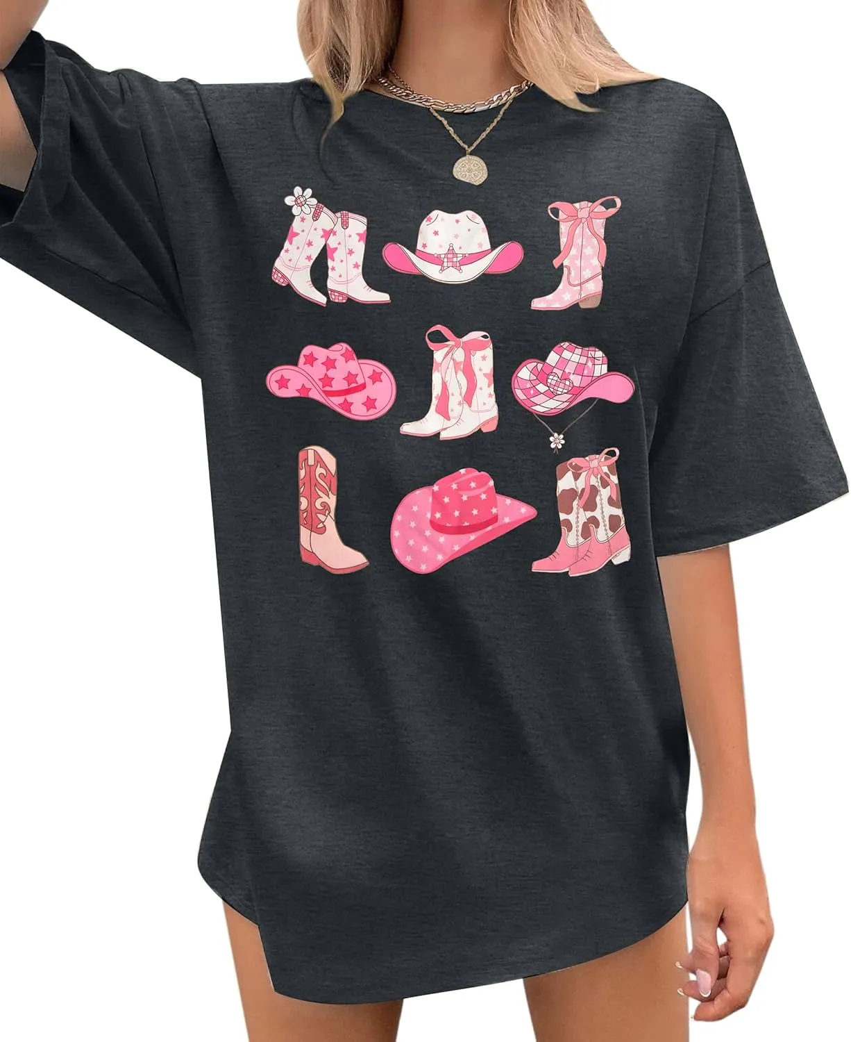 Cowgirl Pink Boots Shirt Women Oversized Cowgirl Country Music Shirts Women Western Shirts Cowboy Tee Tops