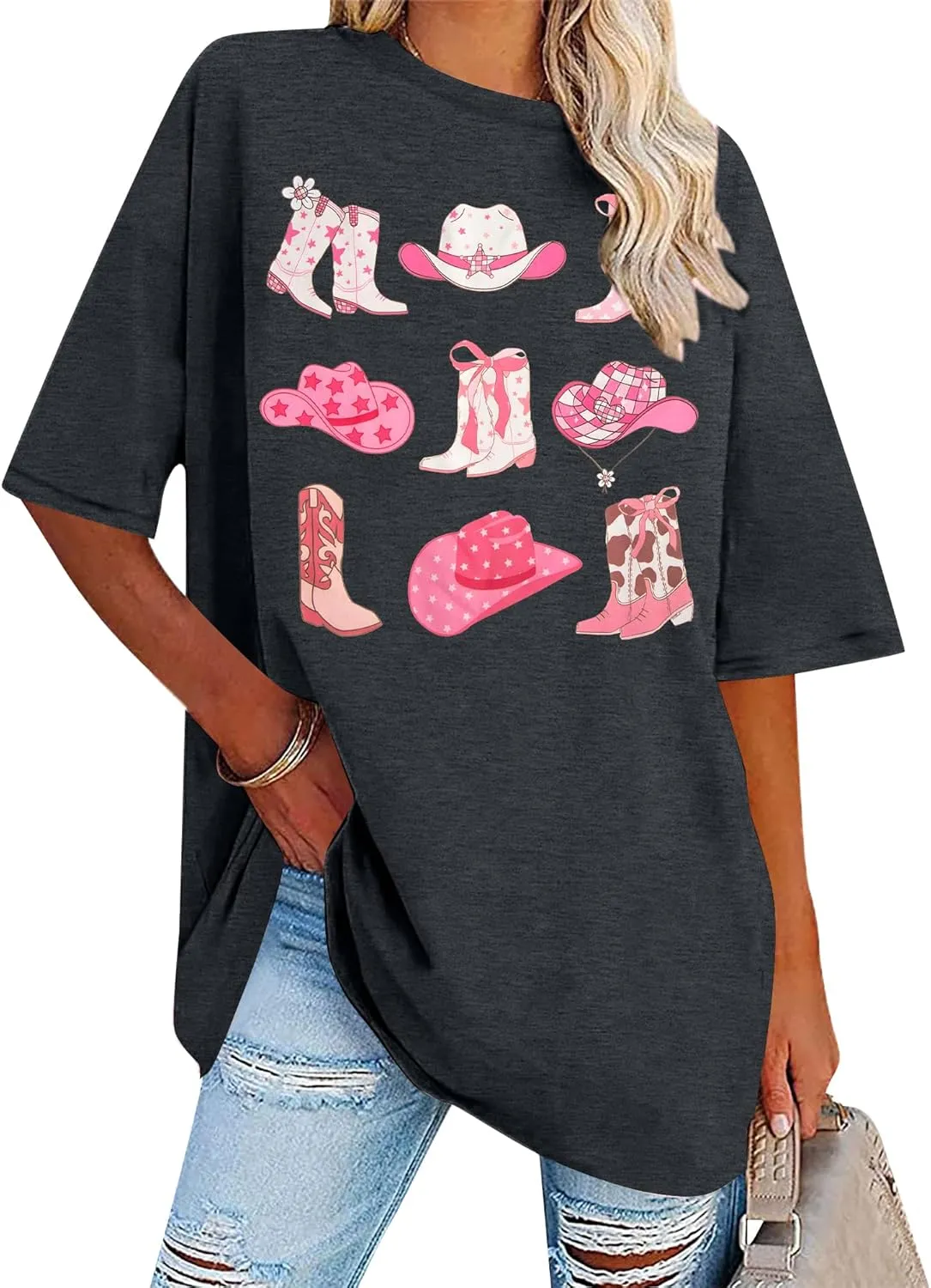 Cowgirl Pink Boots Shirt Women Oversized Cowgirl Country Music Shirts Women Western Shirts Cowboy Tee Tops