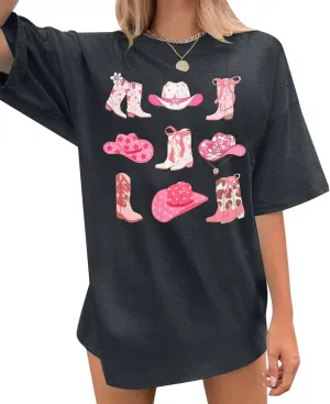 Cowgirl Pink Boots Shirt Women Oversized Cowgirl Country Music Shirts Women Western Shirts Cowboy Tee Tops