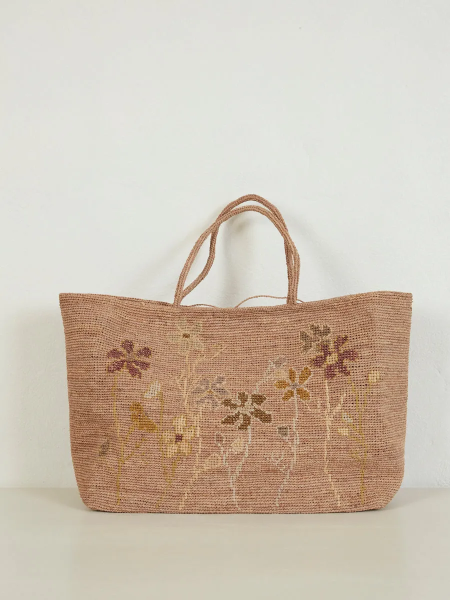 Crochet Raffia Basket with Embroidered Flowers