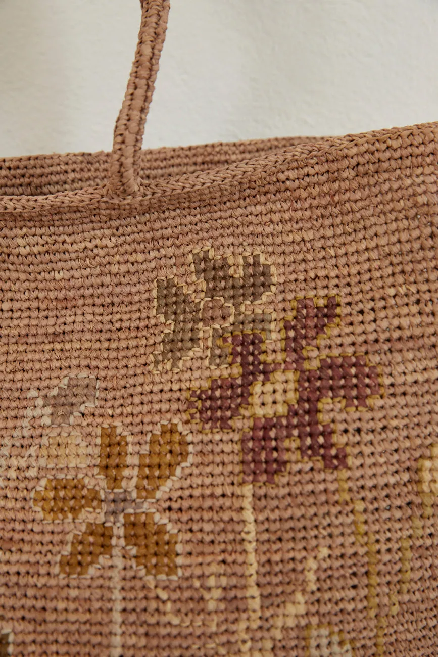 Crochet Raffia Basket with Embroidered Flowers