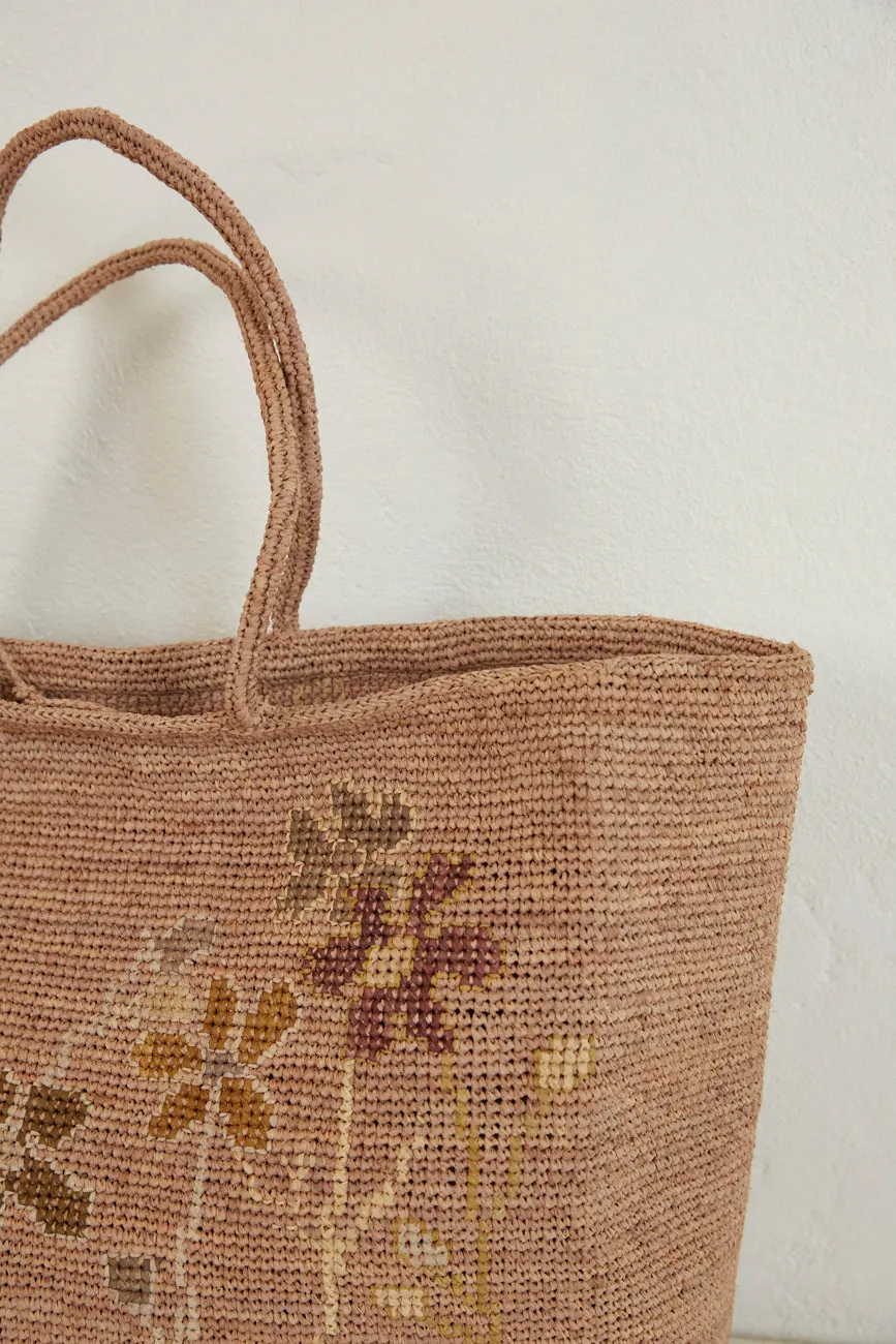 Crochet Raffia Basket with Embroidered Flowers