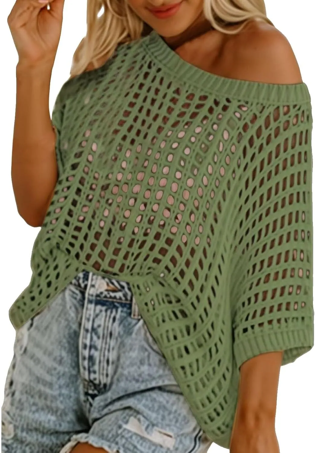Crochet Tops for Women Summer Scoop Neck Off Shoulder Sweater Beach Coverup Short Sleeve Hollow Out Knit Pullover Top