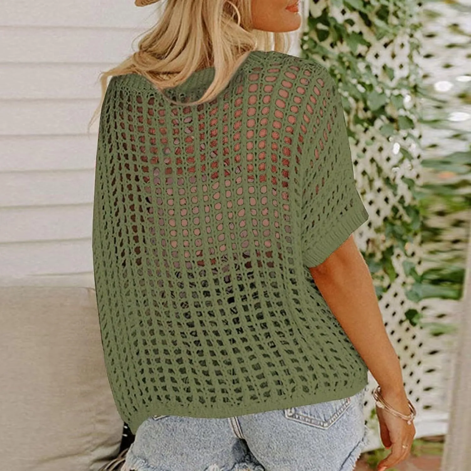 Crochet Tops for Women Summer Scoop Neck Off Shoulder Sweater Beach Coverup Short Sleeve Hollow Out Knit Pullover Top