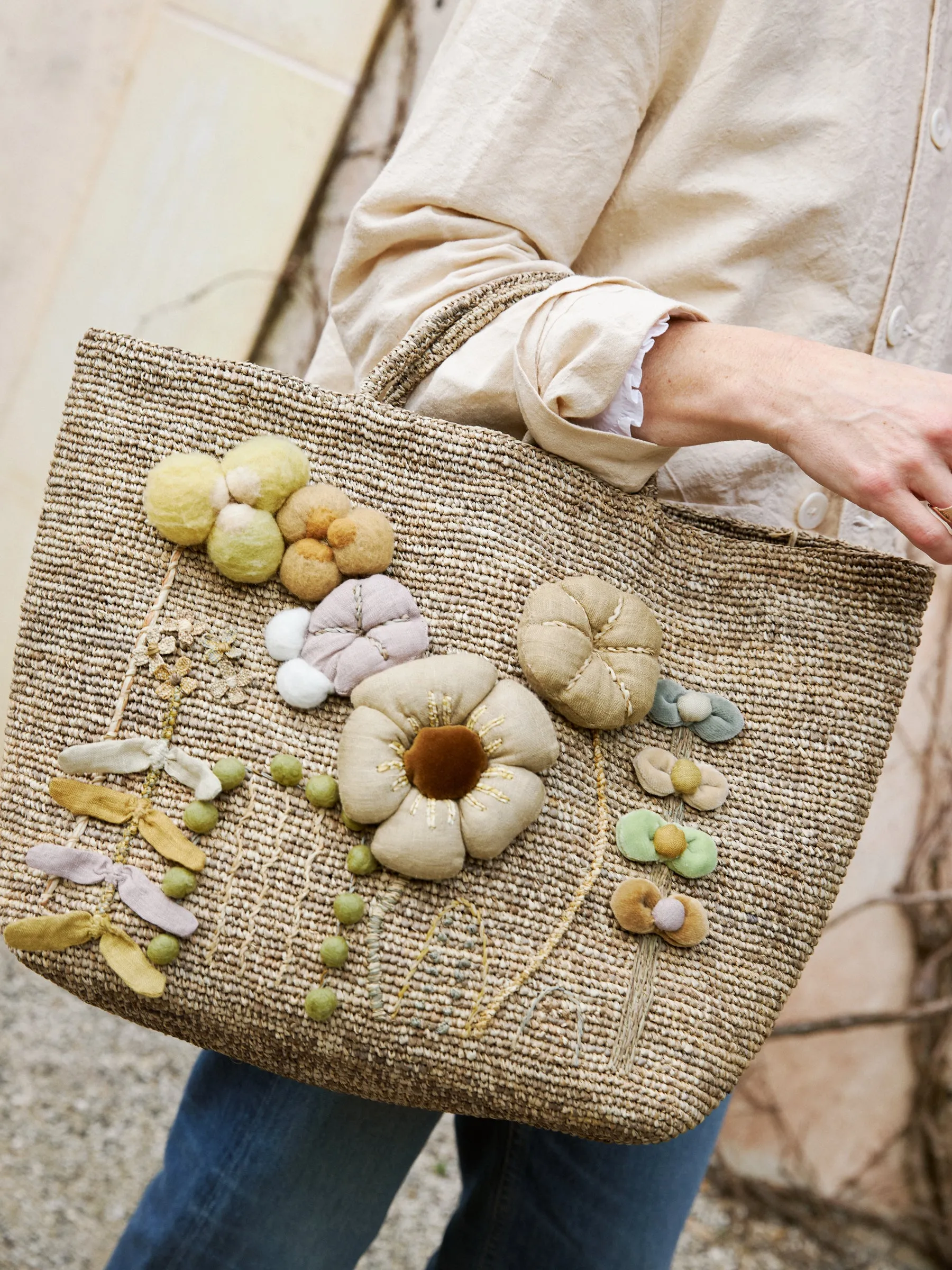 Crocheted Raffia Basket with Appliqu Flowers