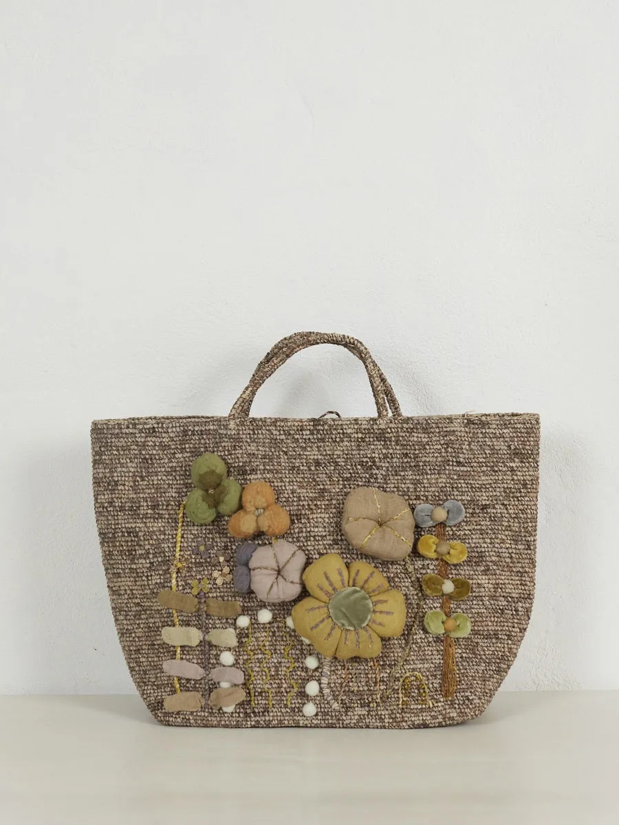 Crocheted Raffia Basket with Appliqu Flowers