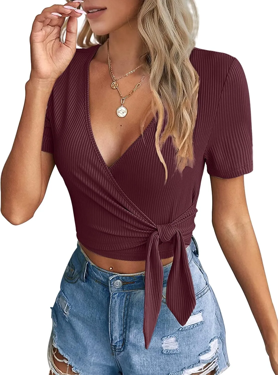 Crop Tops for Women Summer Cute Tops with Deep V Neck Shirts Sexy Unique Cross Wrap Slim Fit Tie Up Front Short Sleeve