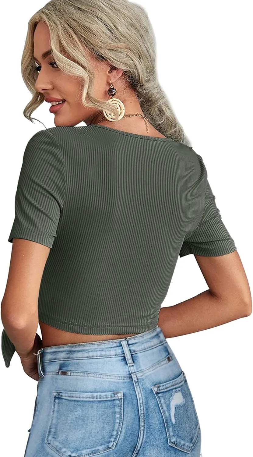 Crop Tops for Women Summer Cute Tops with Deep V Neck Shirts Sexy Unique Cross Wrap Slim Fit Tie Up Front Short Sleeve