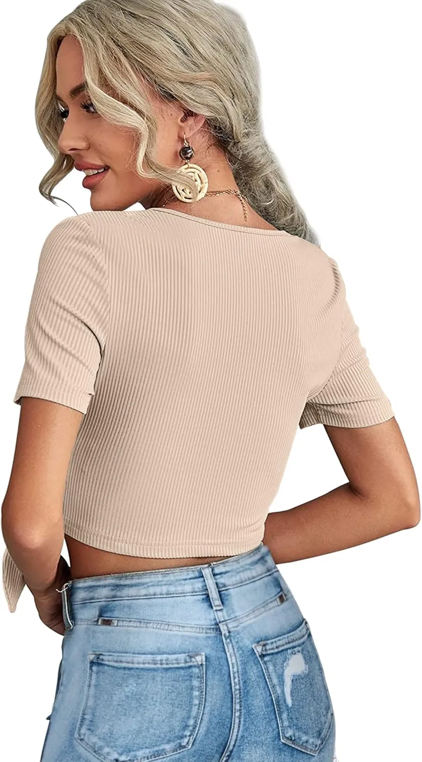 Crop Tops for Women Summer Cute Tops with Deep V Neck Shirts Sexy Unique Cross Wrap Slim Fit Tie Up Front Short Sleeve