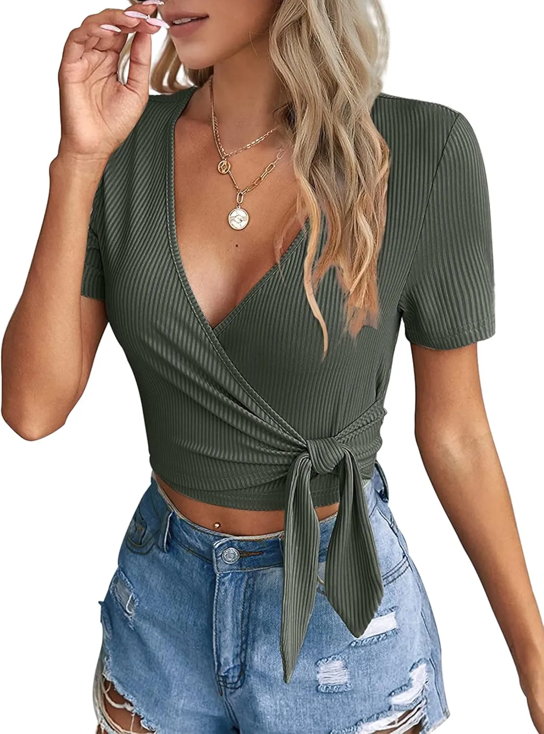 Crop Tops for Women Summer Cute Tops with Deep V Neck Shirts Sexy Unique Cross Wrap Slim Fit Tie Up Front Short Sleeve