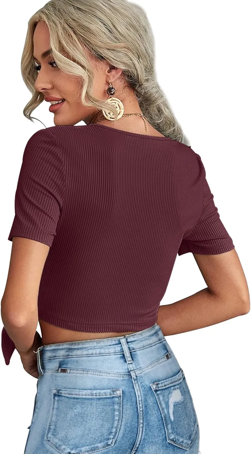 Crop Tops for Women Summer Cute Tops with Deep V Neck Shirts Sexy Unique Cross Wrap Slim Fit Tie Up Front Short Sleeve