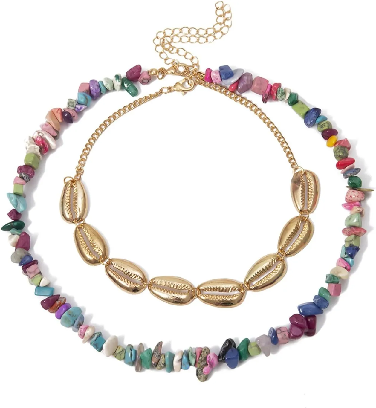 Dainty Layered Necklace, Dainty Layering Necklaces for Women Shell and Stone Pendant Chain Necklaces Jewelry Gifts, 2 Pieces, Gold Colorful, 39CM