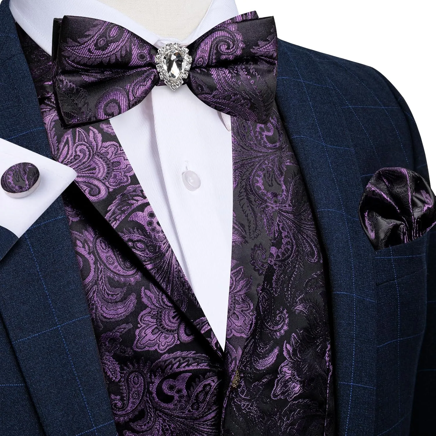DiBanGu Men's Vest with Bow Tie with Tie Ring 5PCS Suit Vest and Bow Tie Handkerchief Cufflinks Set Formal