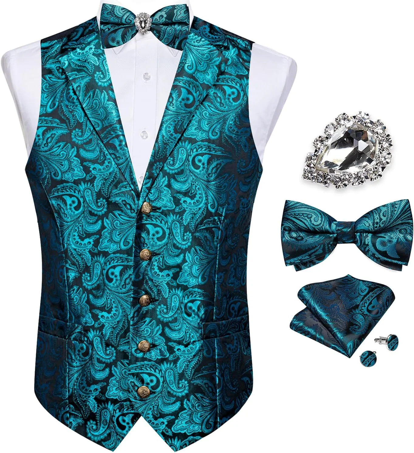 DiBanGu Men's Vest with Bow Tie with Tie Ring 5PCS Suit Vest and Bow Tie Handkerchief Cufflinks Set Formal
