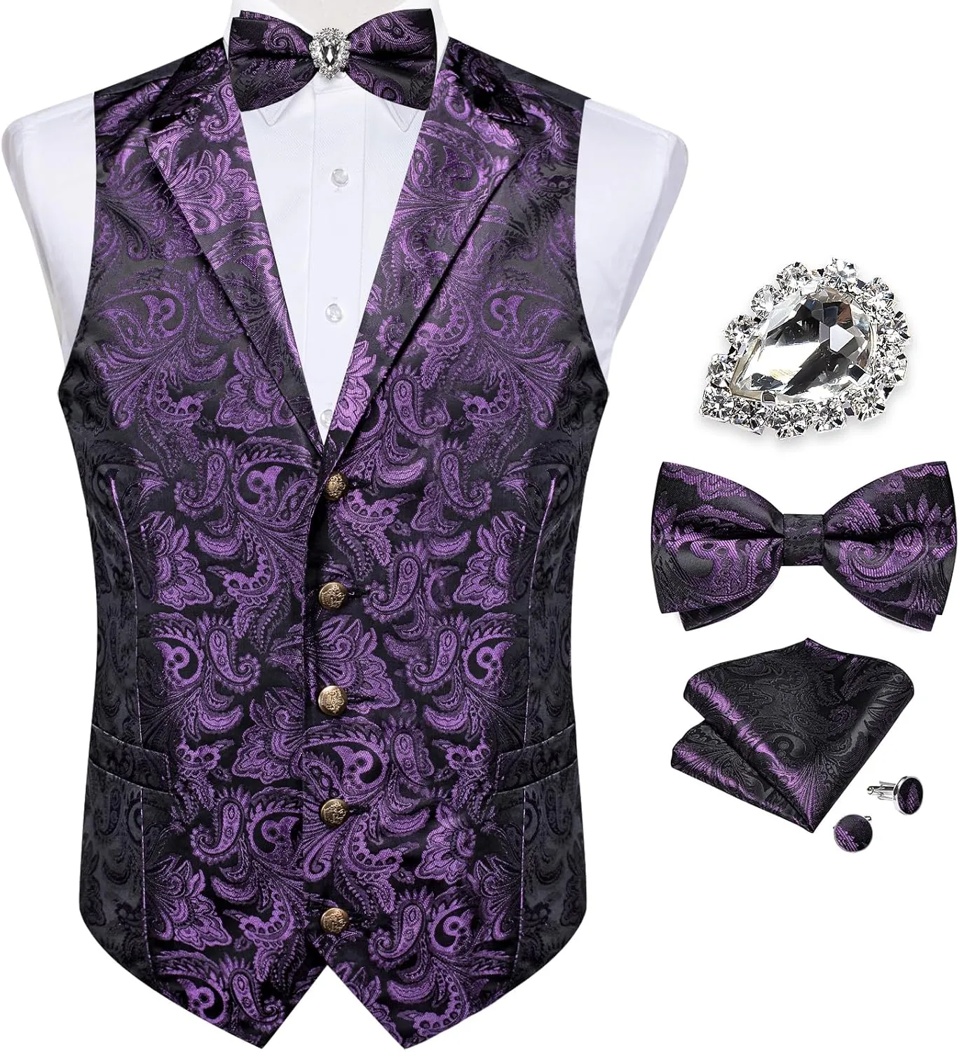 DiBanGu Men's Vest with Bow Tie with Tie Ring 5PCS Suit Vest and Bow Tie Handkerchief Cufflinks Set Formal