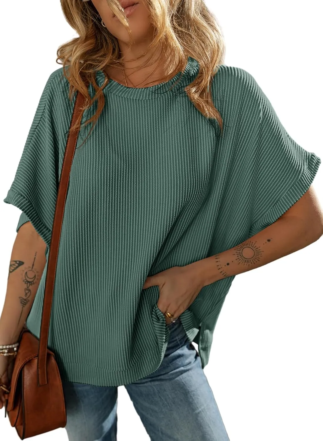 Dokotoo Women's Casual Oversized Short Sleeve Solid Color Loose Texture Knit Tunic Tops Blouses