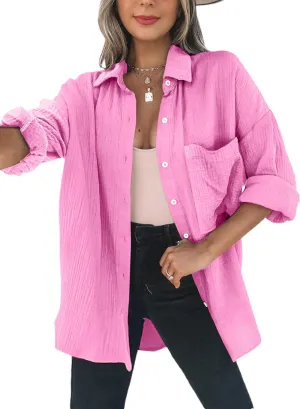 Dokotoo Womens Color Block Button Down Shirts Long Sleeve Oversized Boyfriend Blouses Tops