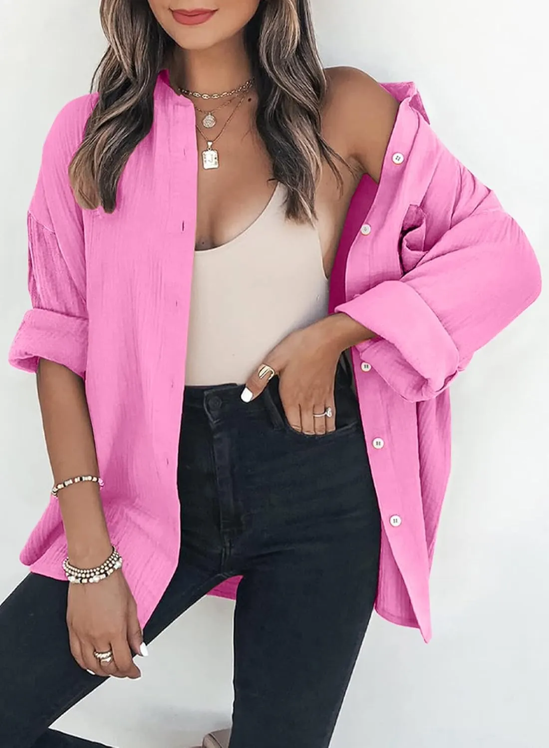 Dokotoo Womens Color Block Button Down Shirts Long Sleeve Oversized Boyfriend Blouses Tops