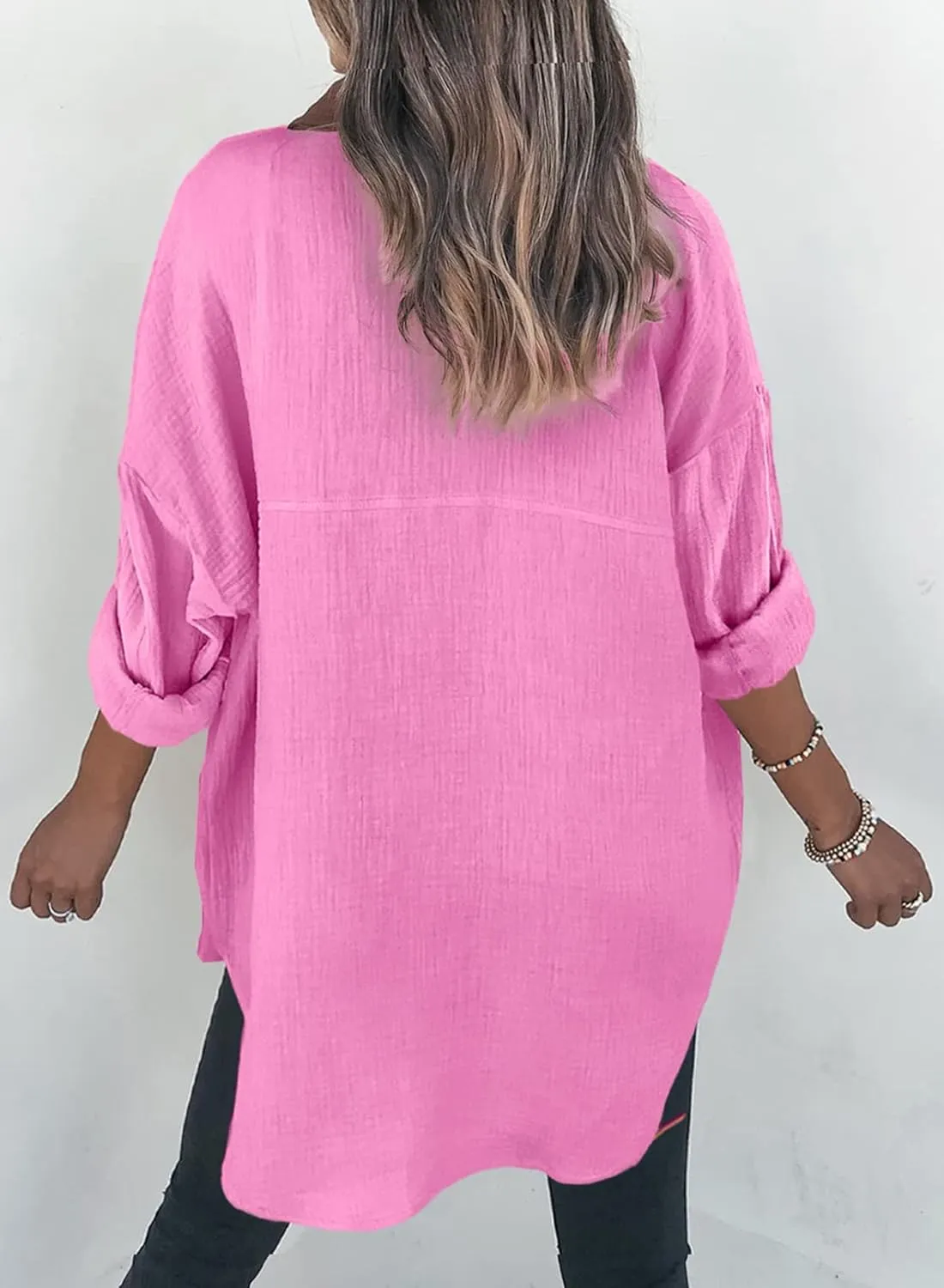 Dokotoo Womens Color Block Button Down Shirts Long Sleeve Oversized Boyfriend Blouses Tops