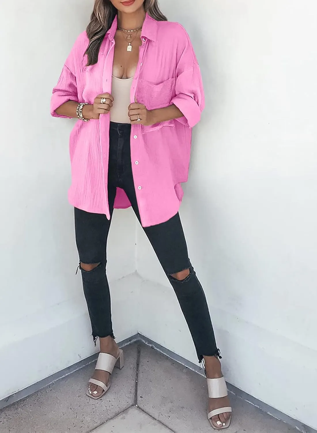 Dokotoo Womens Color Block Button Down Shirts Long Sleeve Oversized Boyfriend Blouses Tops