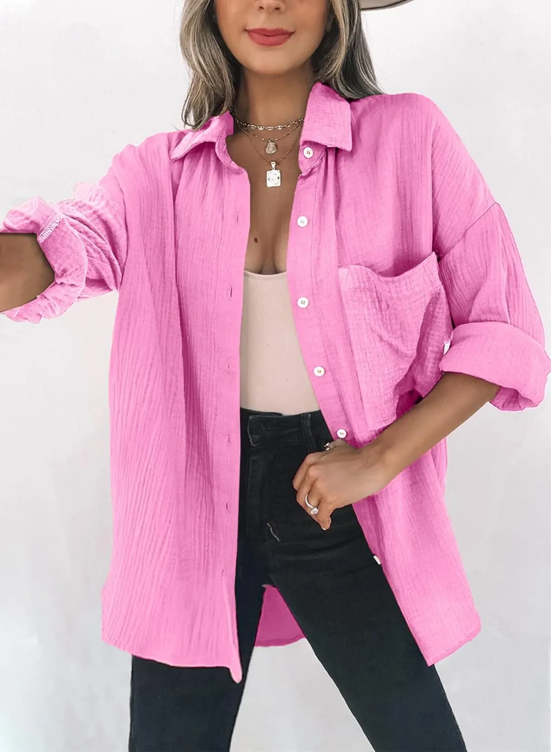 Dokotoo Womens Color Block Button Down Shirts Long Sleeve Oversized Boyfriend Blouses Tops