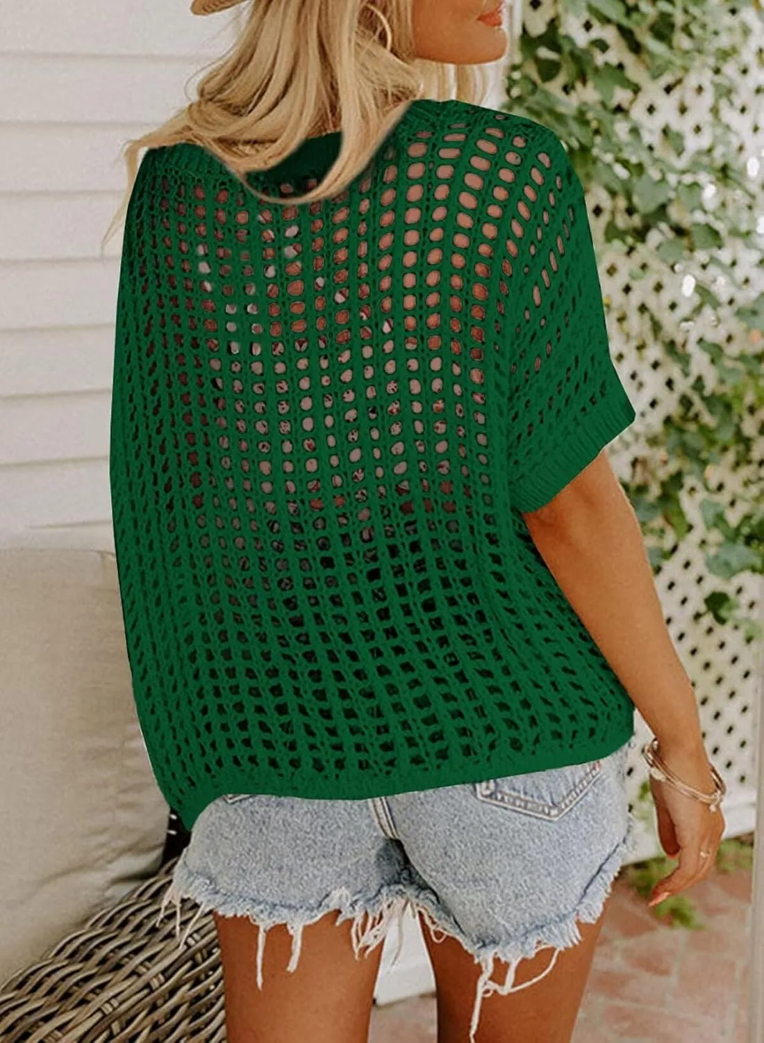 Dokotoo Womens Summer Scoop Neck Short Sleeve Sweater Casual Crochet Hollow Out Knit Tops Pullover Shirts Beach Coverup