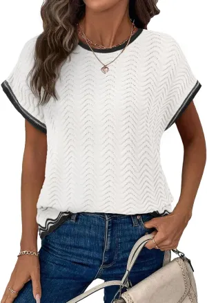 Dokotoo Womens Summer Tops Casual Short Sleeve Wavy Crochet Crewneck Color Block Lightweight Knit Loose Pullover Sweaters