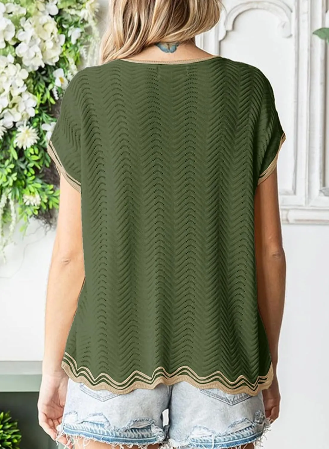 Dokotoo Womens Summer Tops Casual Short Sleeve Wavy Crochet Crewneck Color Block Lightweight Knit Loose Pullover Sweaters