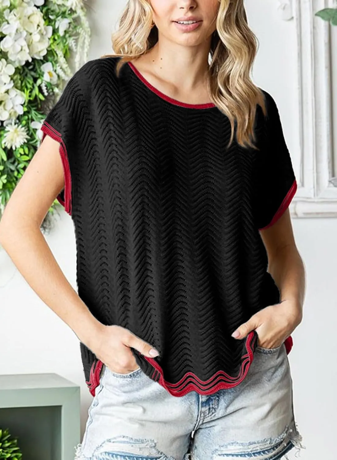 Dokotoo Womens Summer Tops Casual Short Sleeve Wavy Crochet Crewneck Color Block Lightweight Knit Loose Pullover Sweaters