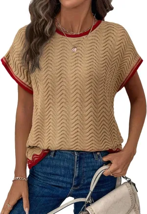 Dokotoo Womens Summer Tops Casual Short Sleeve Wavy Crochet Crewneck Color Block Lightweight Knit Loose Pullover Sweaters