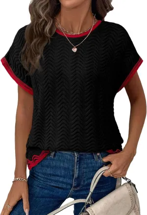 Dokotoo Womens Summer Tops Casual Short Sleeve Wavy Crochet Crewneck Color Block Lightweight Knit Loose Pullover Sweaters