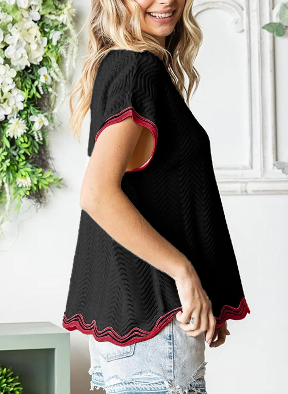 Dokotoo Womens Summer Tops Casual Short Sleeve Wavy Crochet Crewneck Color Block Lightweight Knit Loose Pullover Sweaters
